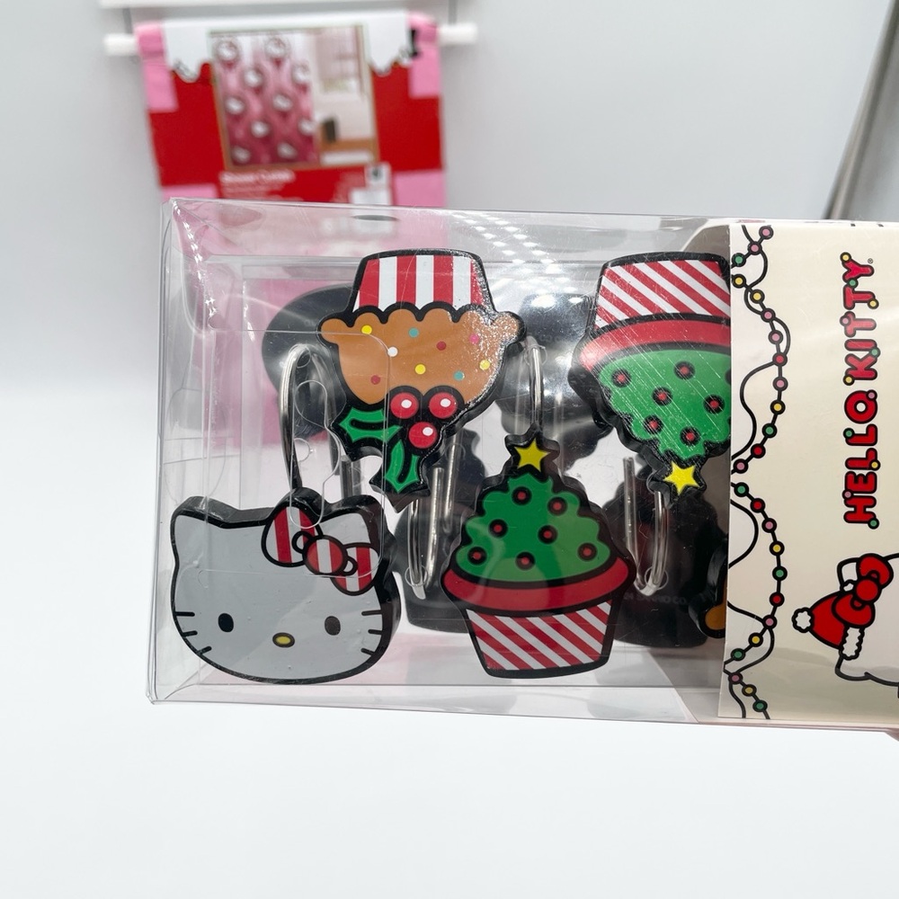 Hello Kitty Christmas Holiday Pink Shower Curtain and Shower Curtain Hooks - Picture 3 of 7